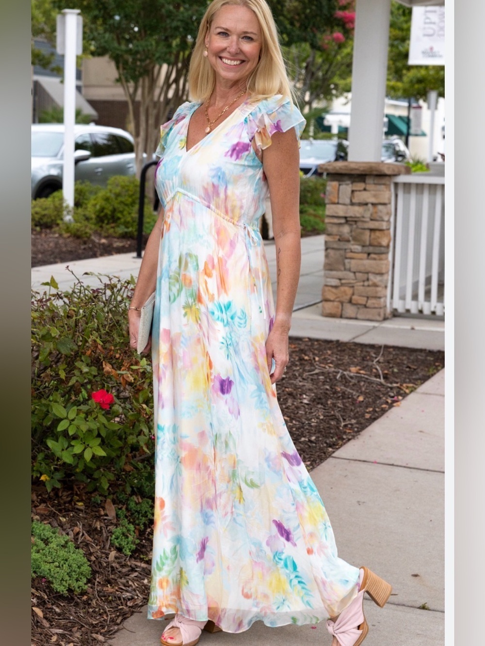 Hale Bob Pastel Multi Watercolor Silk Floral V-Neck Maxi Dress